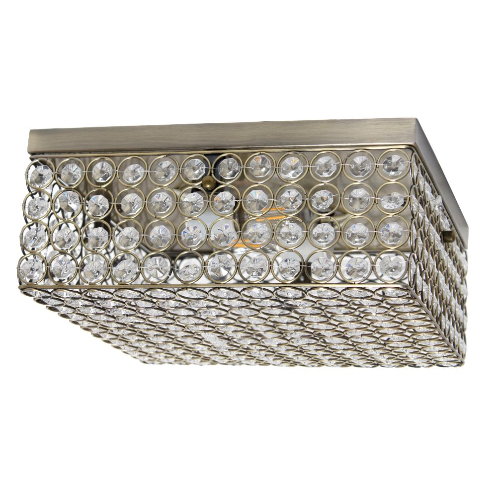 All The Rages LHM-2004-AB Lalia Home 12" Classix Glam Two Light Decorative Square Crystal and Metal Flush Mount Ceiling Light Fixture 
