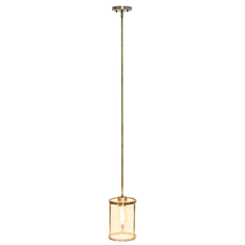All The Rages LHP-3002-AB 1-Light 9.25" Modern Farmhouse Adjustable Hanging Cylindrical Clear Glass Pendant Fixture with Metal Accents for Kitchen Island Foyer Dining Room Hallway Bedroom Living Room, Antique Brass
