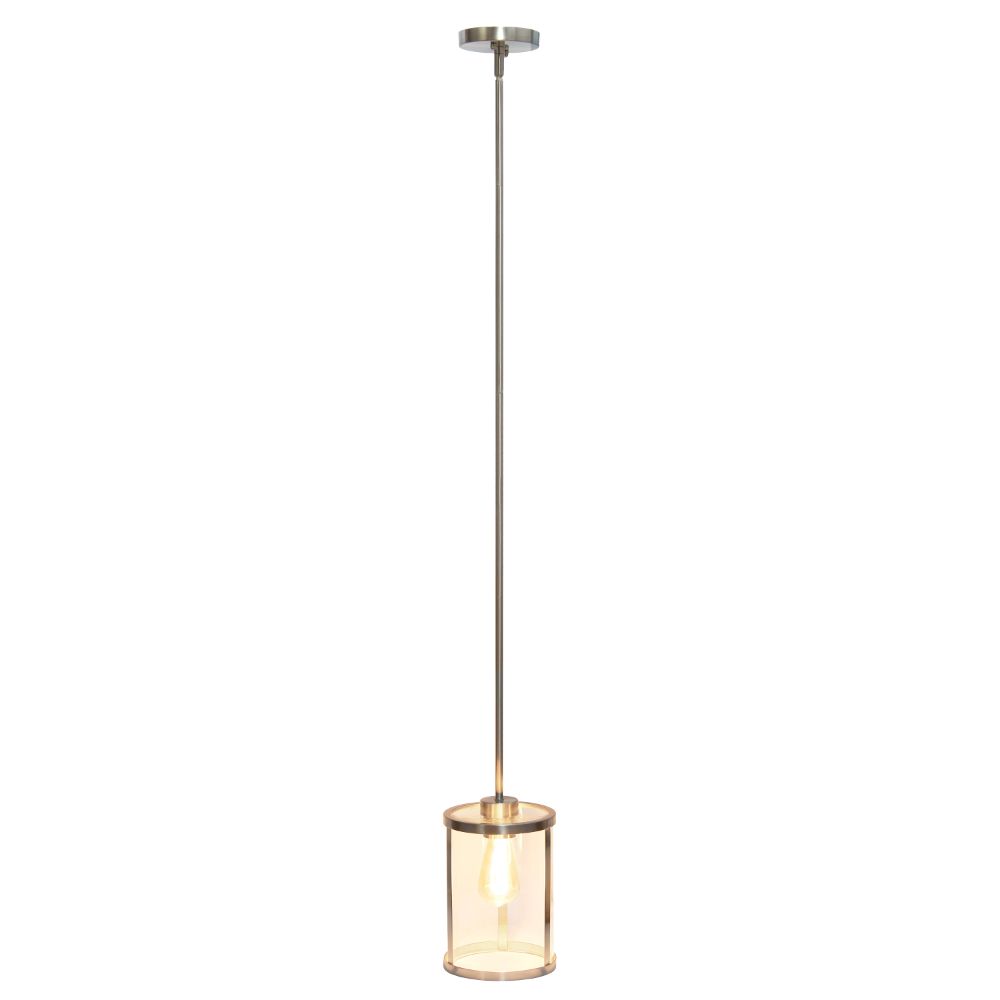 All The Rages LHP-3002-BN 1-Light 9.25" Modern Farmhouse Adjustable Hanging Cylindrical Clear Glass Pendant Fixture with Metal Accents for Kitchen Island Foyer Dining Room Hallway Bedroom Living Room, Brushed Nickel