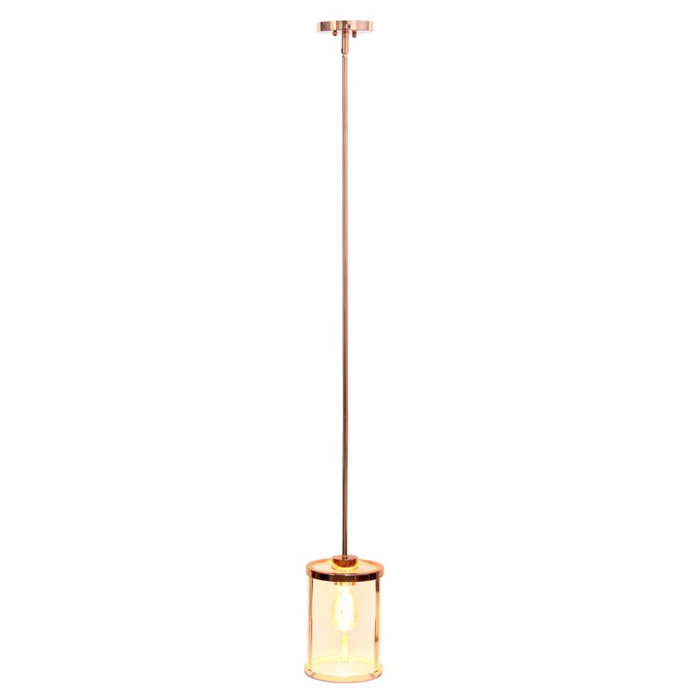 All The Rages LHP-3002-RG 1-Light 9.25" Modern Farmhouse Adjustable Hanging Cylindrical Clear Glass Pendant Fixture with Metal Accents for Kitchen Island Foyer Dining Room Hallway Bedroom Living Room, Rose Gold