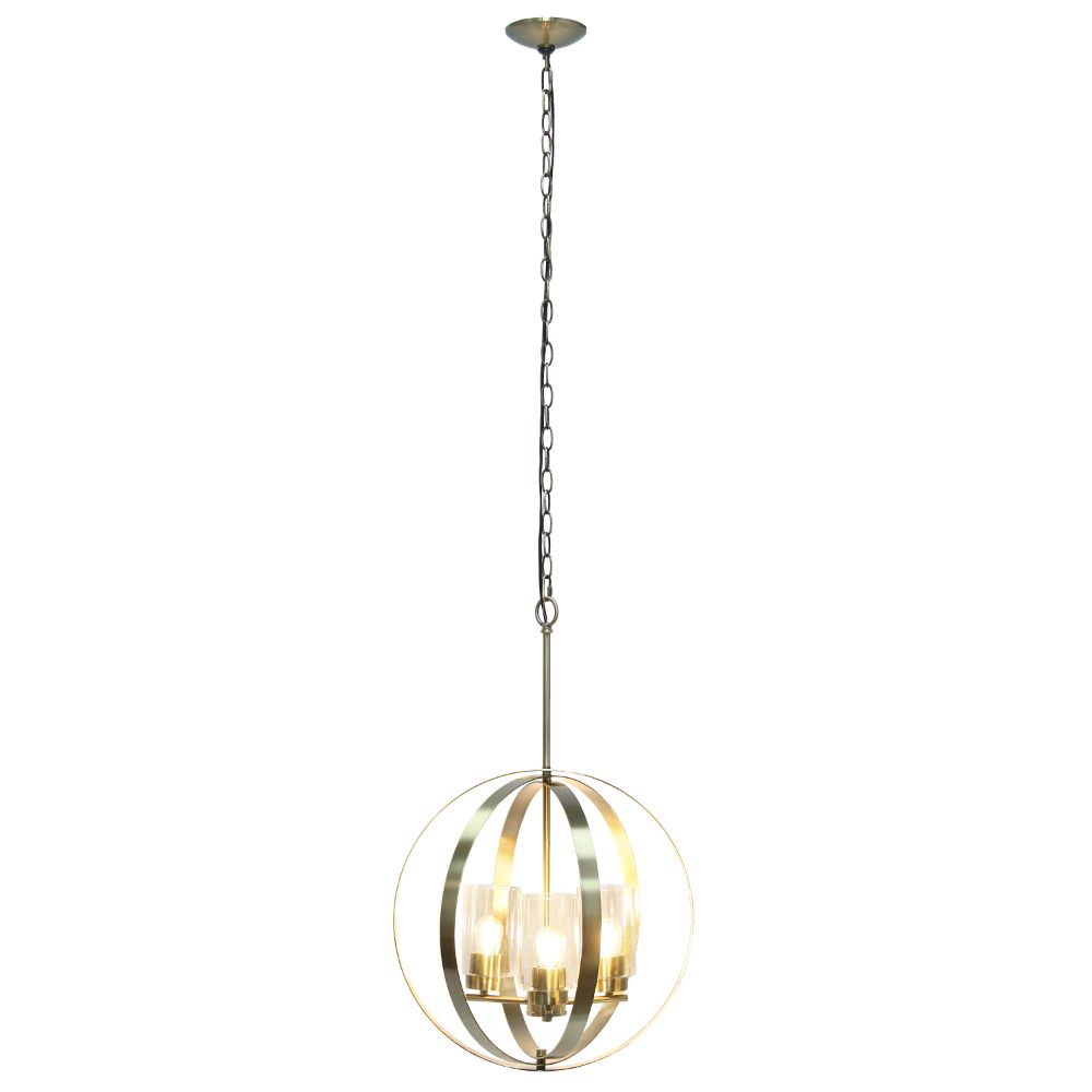 All The Rages LHP-3010-AB 3-Light 18" Adjustable Industrial Globe Hanging Metal and Clear Glass Ceiling Pendant for Kitchen Foyer Hallway Bedroom Living Room Dining Room, Antique Brass