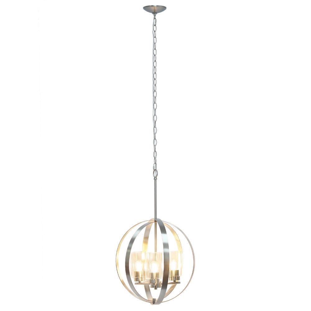 All The Rages LHP-3010-BN 3-Light 18" Adjustable Industrial Globe Hanging Metal and Clear Glass Ceiling Pendant for Kitchen Foyer Hallway Bedroom Living Room Dining Room, Brushed Nickel