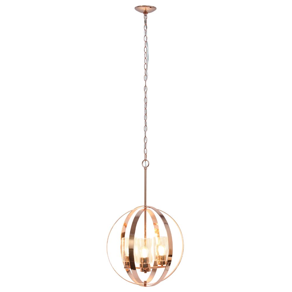 All The Rages LHP-3010-RG 3-Light 18" Adjustable Industrial Globe Hanging Metal and Clear Glass Ceiling Pendant for Kitchen Foyer Hallway Bedroom Living Room Dining Room, Rose Gold