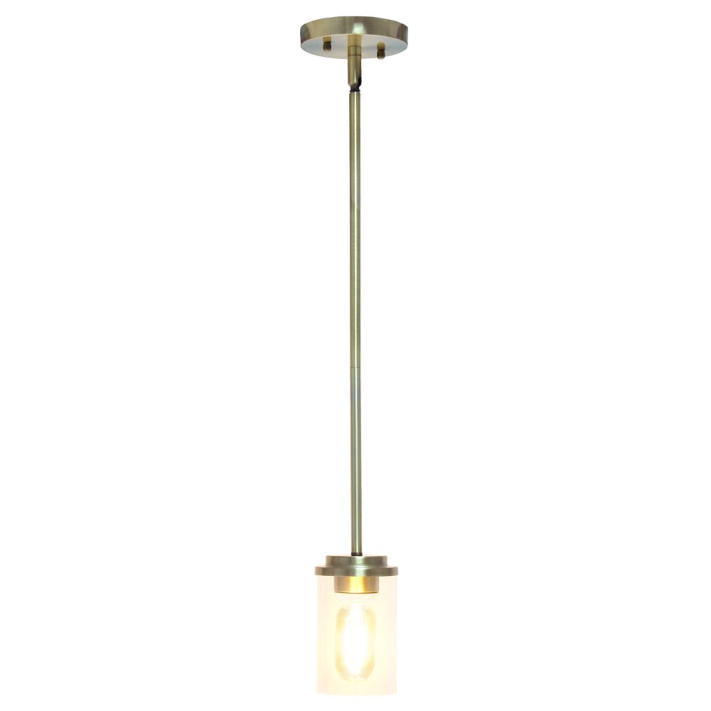 All The Rages LHP-3011-AB 1-Light 5.75" Minimalist Industrial Farmhouse Adjustable Hanging Clear Cylinder Glass Pendant Fixture for Kitchen Island Foyer Dining Room Hallway Bedroom Living Room, Antique Brass