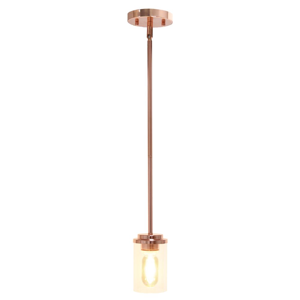 All The Rages LHP-3011-RG 1-Light 5.75" Minimalist Industrial Farmhouse Adjustable Hanging Clear Cylinder Glass Pendant Fixture for Kitchen Island Foyer Dining Room Hallway Bedroom Living Room, Rose Gold