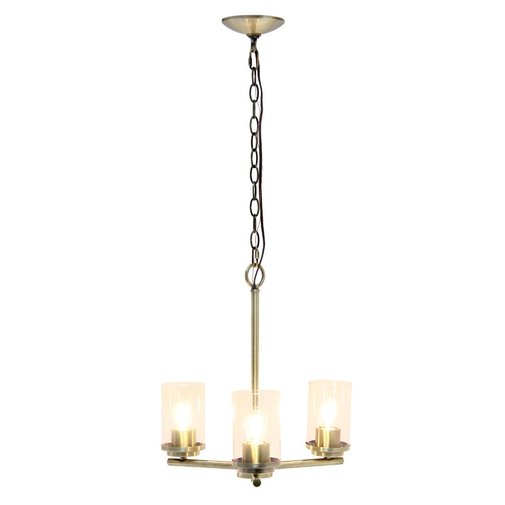 All The Rages LHP-3012-AB 3-Light 15" Classic Contemporary Clear Glass and Metal Hanging Pendant Chandelier for Kitchen Island Foyer Hallway Living Room Den Dining Room, Antique Brass