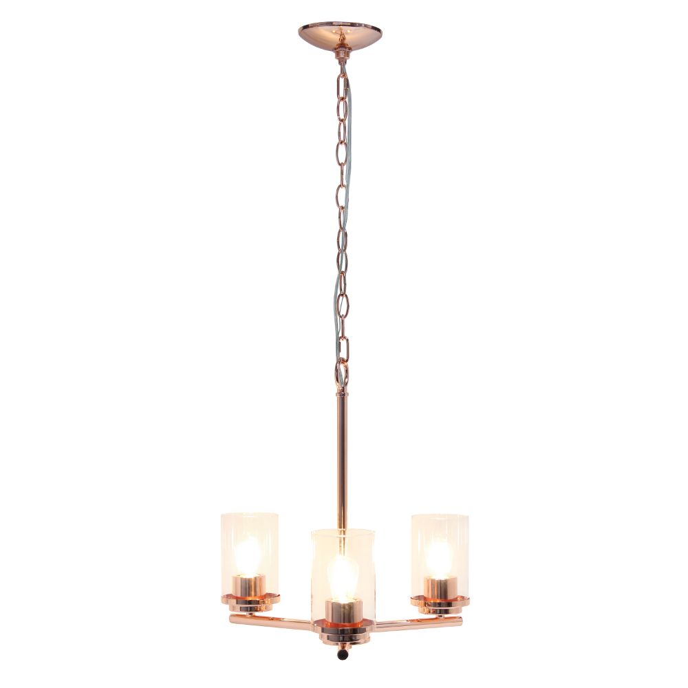 All The Rages LHP-3012-RG 3-Light 15" Classic Contemporary Clear Glass and Metal Hanging Pendant Chandelier for Kitchen Island Foyer Hallway Living Room Den Dining Room, Rose Gold