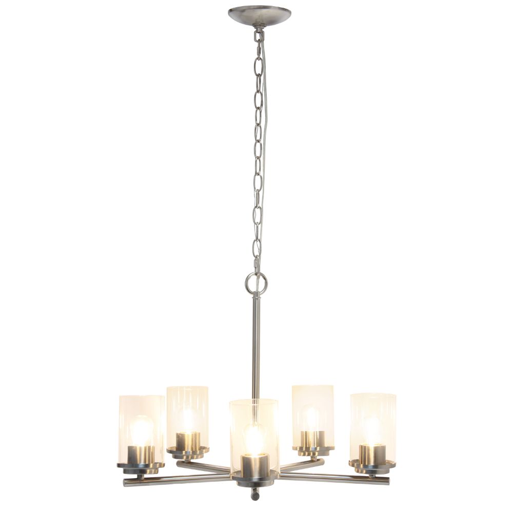 All The Rages LHP-3013-BN 5-Light 20.5" Classic Contemporary Clear Glass and Metal Hanging Pendant Chandelier for Kitchen Island Foyer Hallway Living Room Den Dining Room, Brushed Nickel