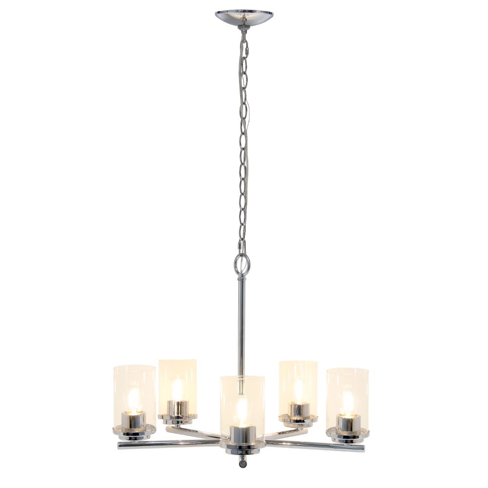 All The Rages LHP-3013-CH 5-Light 20.5" Classic Contemporary Clear Glass and Metal Hanging Pendant Chandelier for Kitchen Island Foyer Hallway Living Room Den Dining Room, Chrome