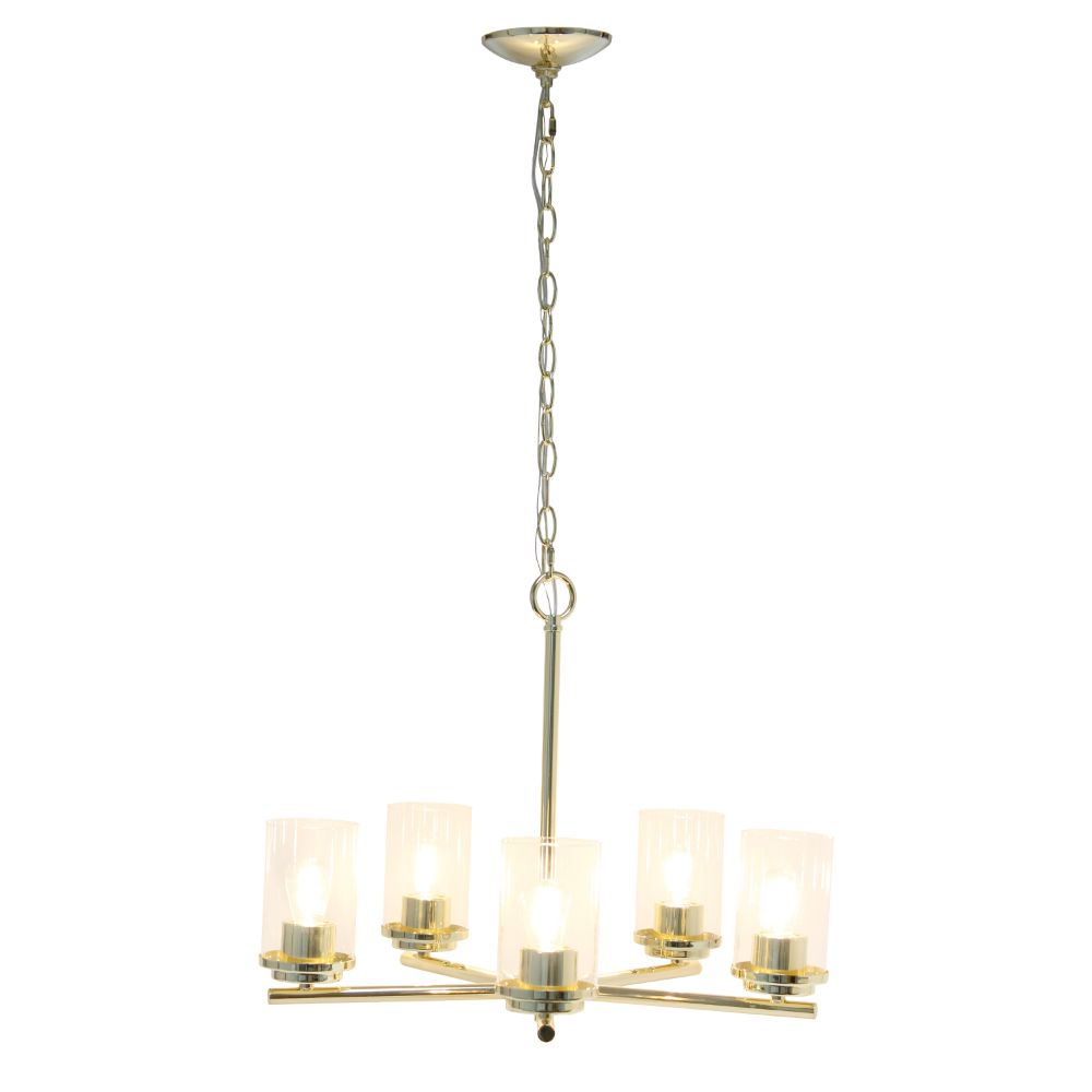 All The Rages LHP-3013-GL 5-Light 20.5" Classic Contemporary Clear Glass and Metal Hanging Pendant Chandelier for Kitchen Island Foyer Hallway Living Room Den Dining Room, Gold