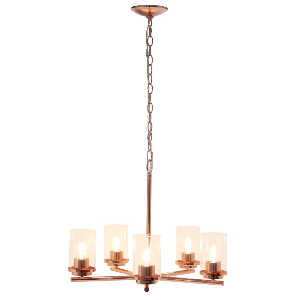 All The Rages LHP-3013-RG 5-Light 20.5" Classic Contemporary Clear Glass and Metal Hanging Pendant Chandelier for Kitchen Island Foyer Hallway Living Room Den Dining Room, Rose Gold