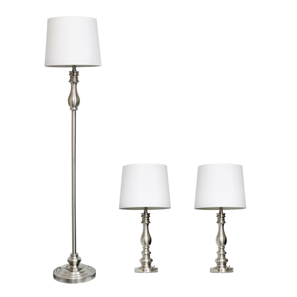 All The Rages LHS-1004-BS Perennial Morocco Classic 3 Piece Metal Lamp Set (2 Table Lamps 1 Floor Lamp) Home Décor with White Drum Fabric Shades and Brushed Steel Finish