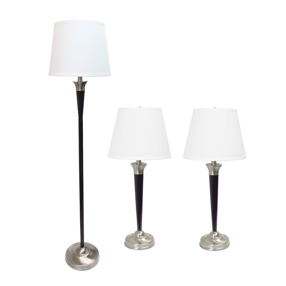 All The Rages LHS-1006-ML Perennial Modern Sonoma 3 Piece Metal Lamp Set (2 Table Lamps 1 Floor Lamp) Home Décor with White Tapered Drum Fabric Shades with Malbec Black and Brushed Nickel Finish