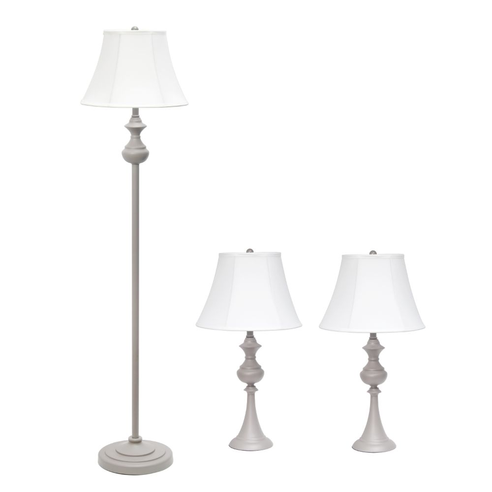 All The Rages LHS-1007-GY Perennial Traditional Valletta 3 Piece Metal Lamp Set (2 Table Lamps 1 Floor Lamp) Home Décor with White Empire Fabric Shades and Gray Finish