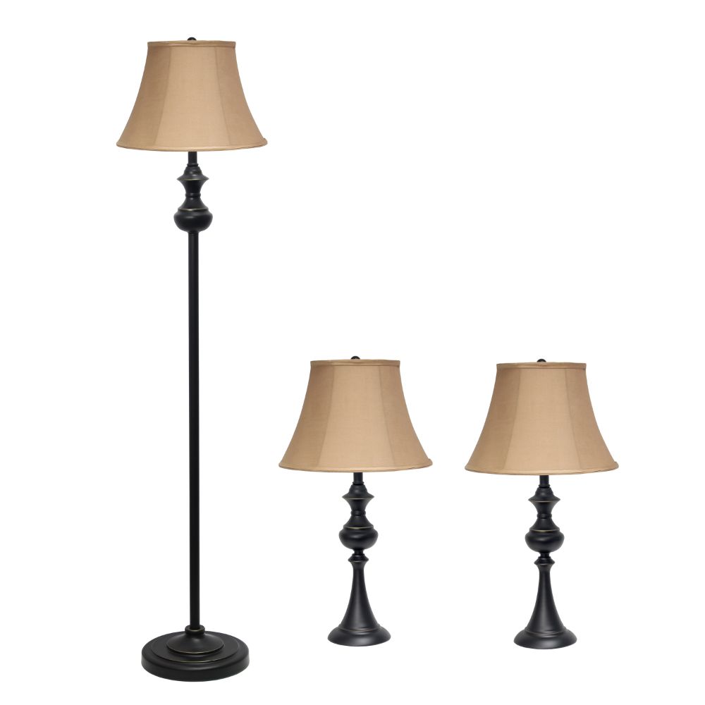All The Rages LHS-1007-RZ Homely Traditional Valletta 3 Piece Metal Lamp Set (2 Table Lamps 1 Floor Lamp) Home Décor with Tan Empire Fabric Shades and Restoration Bronze Finish