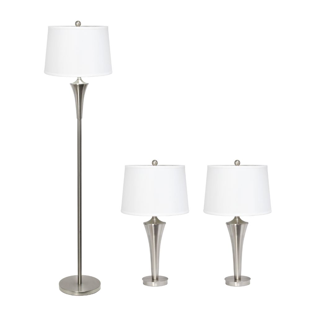 All The Rages LHS-1008-BN Perennial Modern Vienna 3 Piece Metal Lamp Set (2 Table Lamps 1 Floor Lamp) Home Décor with White Tapered Drum Fabric Shades and Brushed Nickel Finish