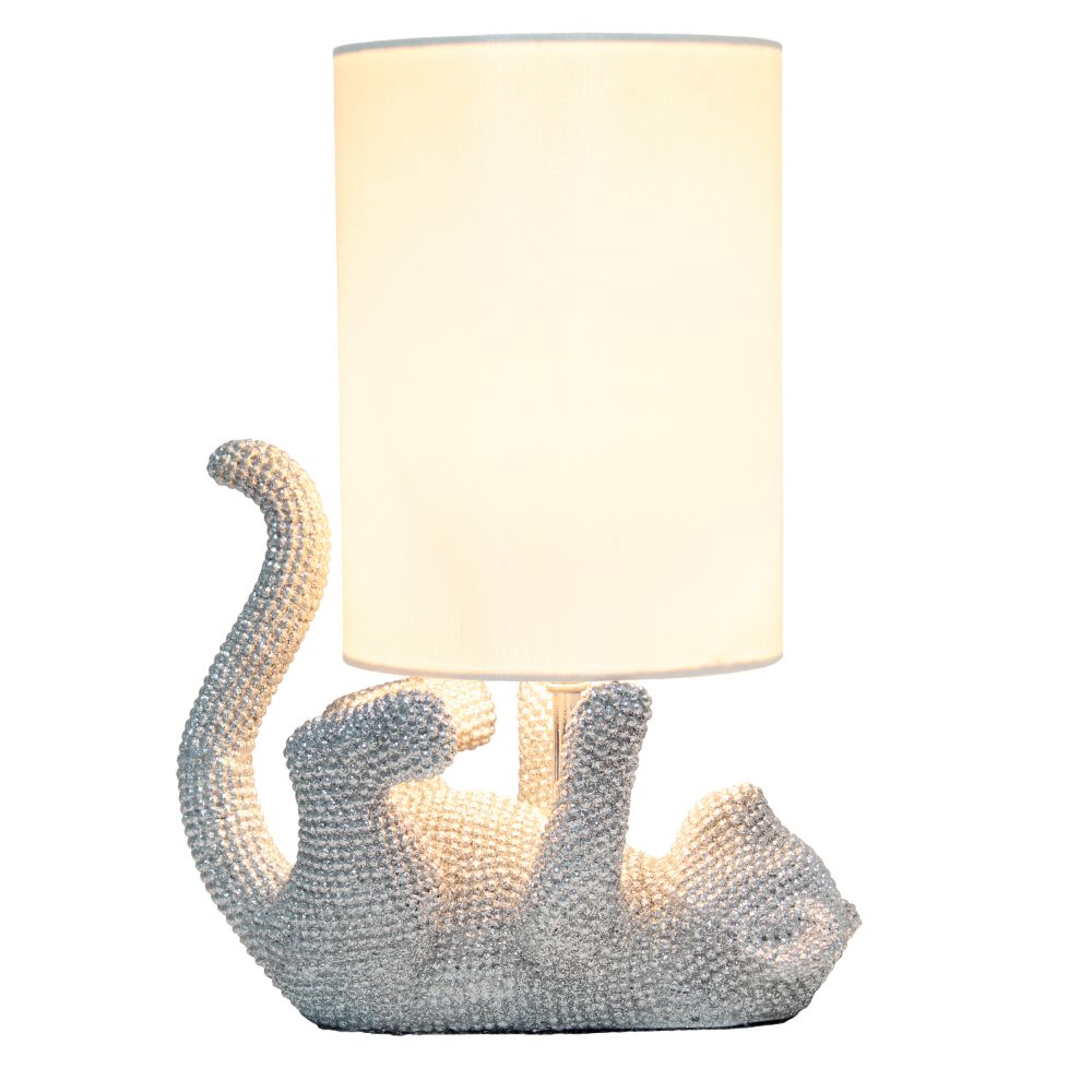 All The Rages LHT-3002-SL 12.6" Diamond Studded Rhinestone Look Kitty Cat Feline Kids Desk Nightstand Table Lamp with Faux Silk Fabric Shade, Silver
