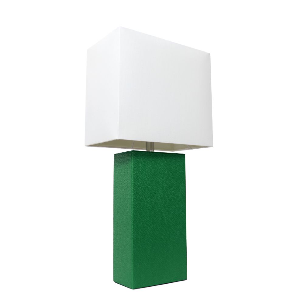 All The Rages LHT-3008-GR Lexington 21" Leather Base Modern Home Décor Bedside Table Lamp with White Rectangular Fabric Shade, Green Finish