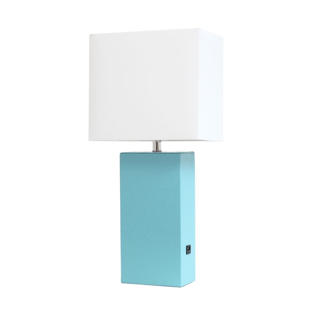 All The Rages LHT-3012-AU Lexington 21" Leather Base Modern Home Décor Bedside Table Lamp with USB Charging Port with White Rectangular Fabric Shade, Aqua Finish