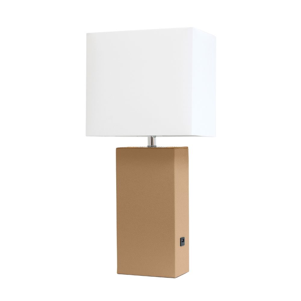 All The Rages LHT-3012-BG Lexington 21" Leather Base Modern Home Décor Bedside Table Lamp with USB Charging Port with White Rectangular Fabric Shade, Beige Finish