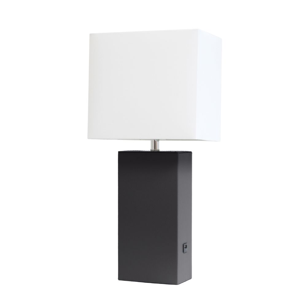 All The Rages LHT-3012-BK Lexington 21" Leather Base Modern Home Décor Bedside Table Lamp with USB Charging Port with White Rectangular Fabric Shade, Black Finish