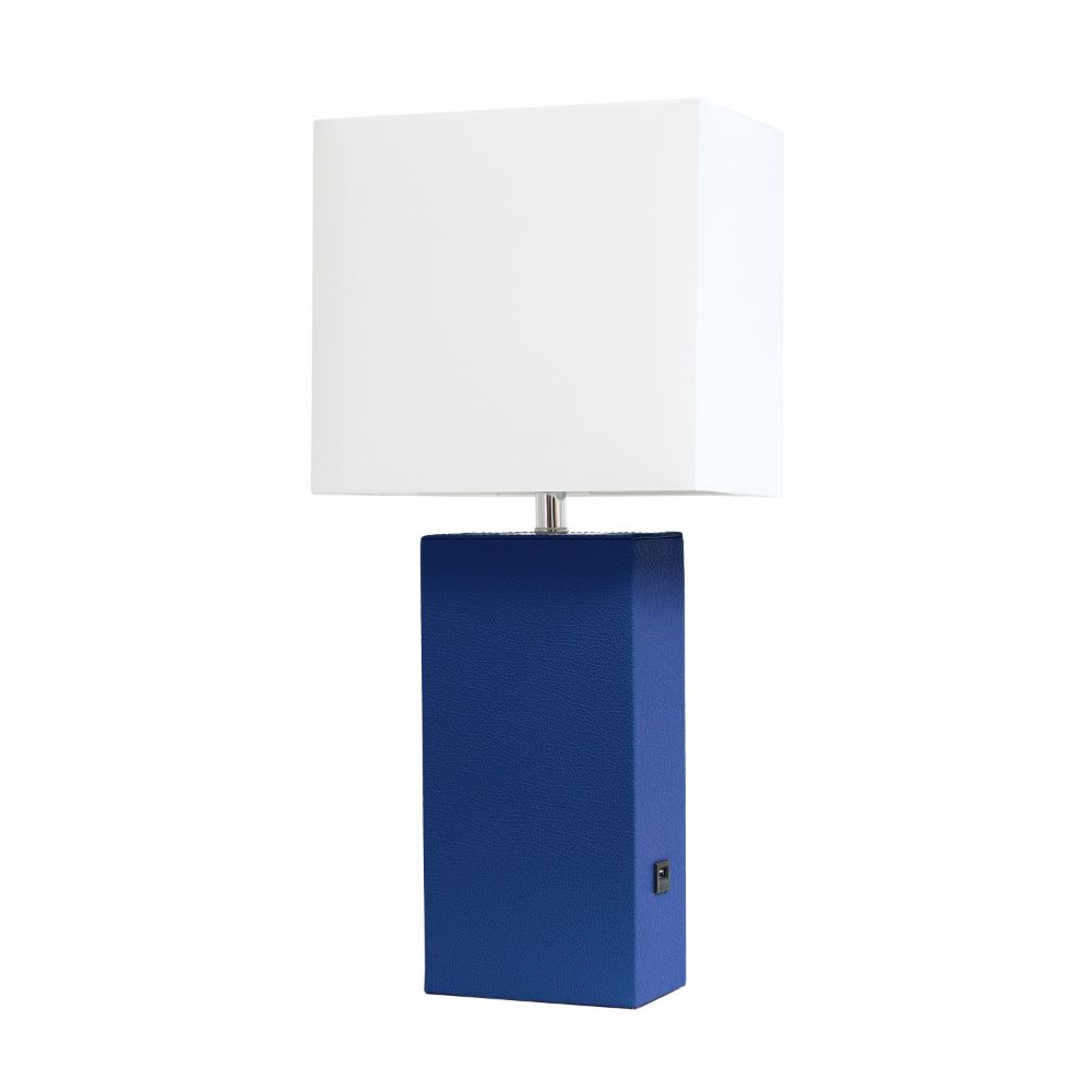 All The Rages LHT-3012-BL Lexington 21" Leather Base Modern Home Décor Bedside Table Lamp with USB Charging Port with White Rectangular Fabric Shade, Blue Finish