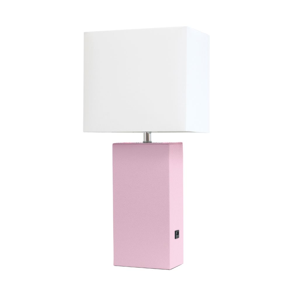 All The Rages LHT-3012-BP Lexington 21" Leather Base Modern Home Décor Bedside Table Lamp with USB Charging Port with White Rectangular Fabric Shade, Blush Pink Finish