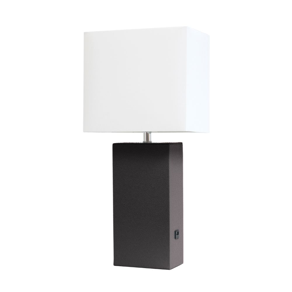 All The Rages LHT-3012-BW Lexington 21" Leather Base Modern Home Décor Bedside Table Lamp with USB Charging Port with White Rectangular Fabric Shade, Espresso Brown Finish