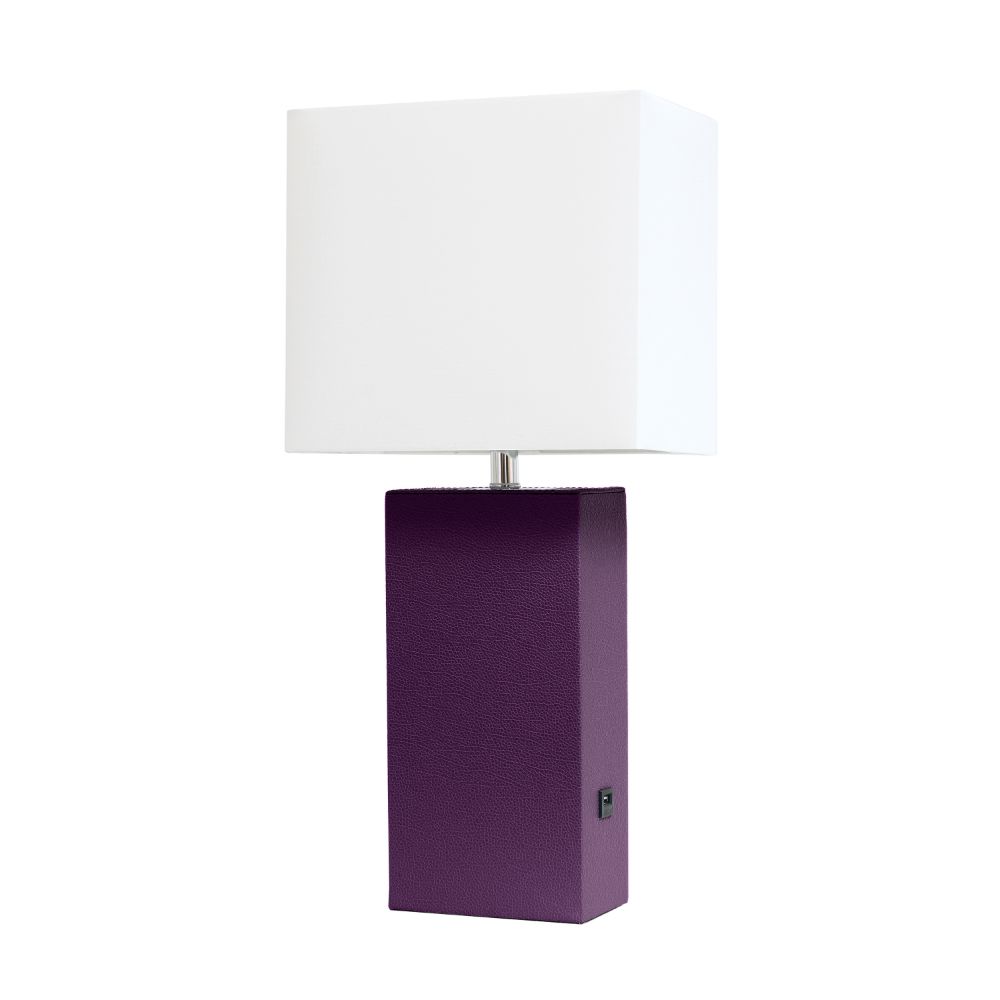 All The Rages LHT-3012-EP Lexington 21" Leather Base Modern Home Décor Bedside Table Lamp with USB Charging Port with White Rectangular Fabric Shade, Eggplant Purple Finish