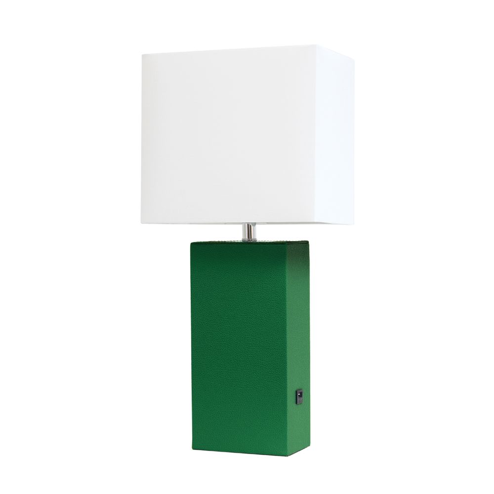 All The Rages LHT-3012-GR Lexington 21" Leather Base Modern Home Décor Bedside Table Lamp with USB Charging Port with White Rectangular Fabric Shade, Green Finish