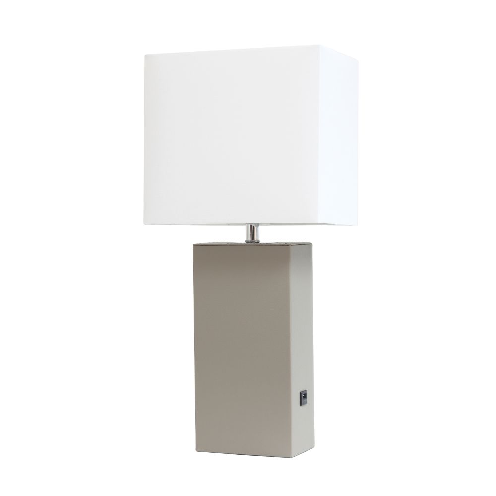 All The Rages LHT-3012-GY Lexington 21" Leather Base Modern Home Décor Bedside Table Lamp with USB Charging Port with White Rectangular Fabric Shade, Gray Finish