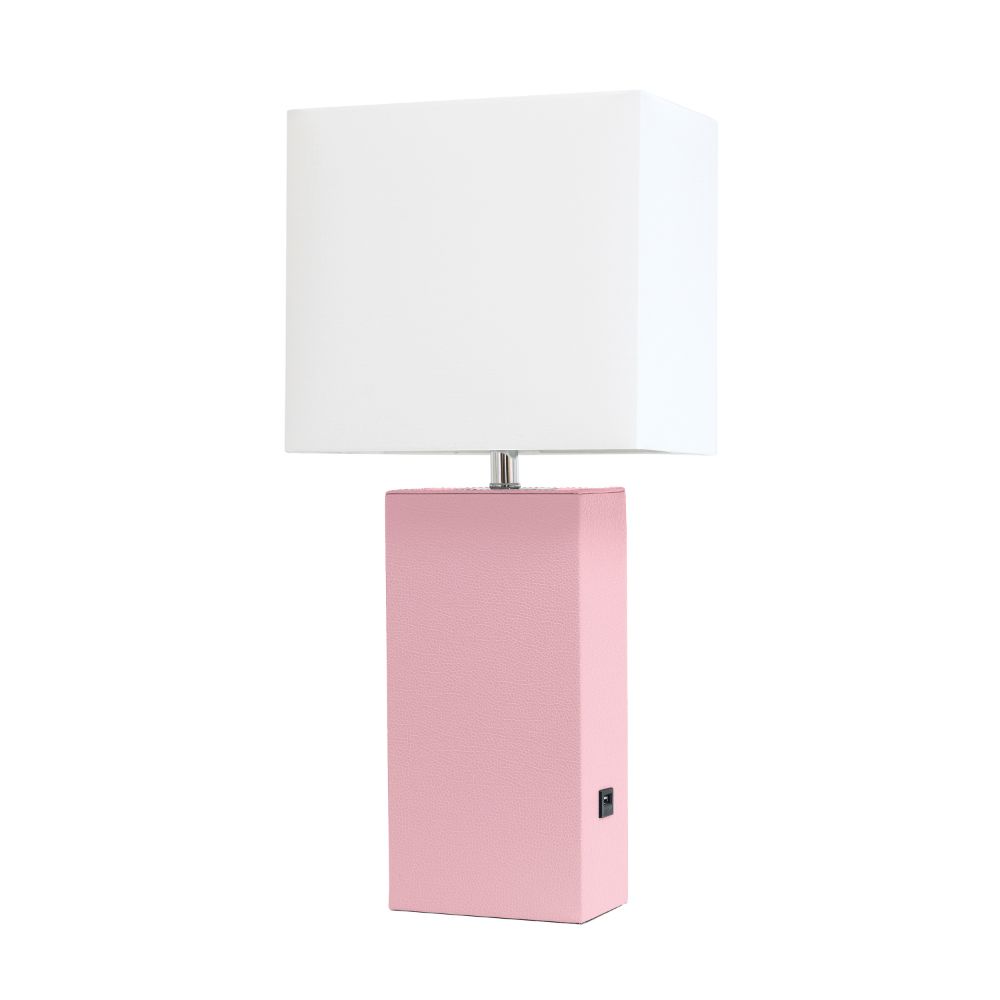 All The Rages LHT-3012-PN Lexington 21" Leather Base Modern Home Décor Bedside Table Lamp with USB Charging Port with White Rectangular Fabric Shade, Pink Finish