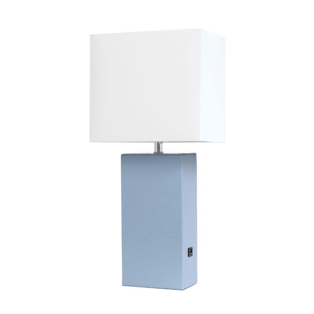 All The Rages LHT-3012-PW Lexington 21" Leather Base Modern Home Décor Bedside Table Lamp with USB Charging Port with White Rectangular Fabric Shade, Periwinkle Finish