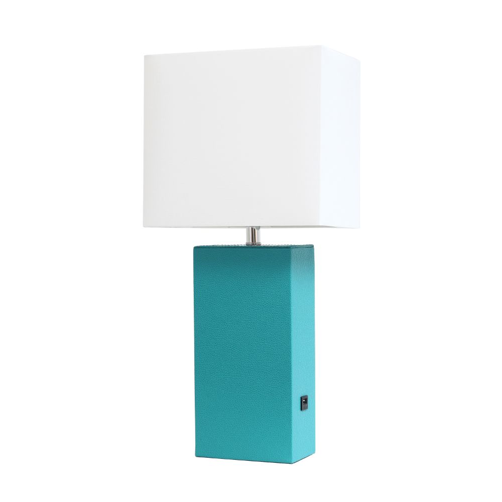 All The Rages LHT-3012-TL Lexington 21" Leather Base Modern Home Décor Bedside Table Lamp with USB Charging Port with White Rectangular Fabric Shade, Teal Finish