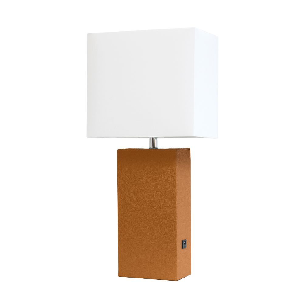 All The Rages LHT-3012-TN Lexington 21" Leather Base Modern Home Décor Bedside Table Lamp with USB Charging Port with White Rectangular Fabric Shade, Tan Finish