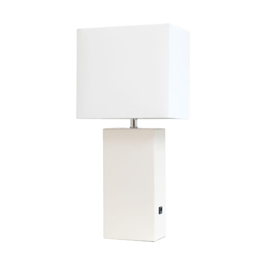 All The Rages LHT-3012-WH Lexington 21" Leather Base Modern Home Décor Bedside Table Lamp with USB Charging Port with White Rectangular Fabric Shade, White Finish