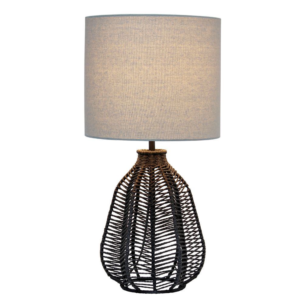 All The Rages LHT-4017-BK 21" Vintage Rattan Wicker Style Paper Rope Bedside Table Lamp with Light Gray Fabric Shade, Black