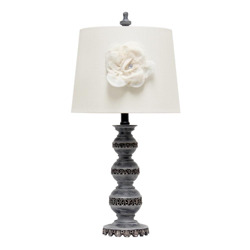 All The Rages LHT-4023-WH Lalia Home 25" Elegant Embellished Table Lamp with Flower Adornment, Linen Shade, for Living Room, Office, Entryway, Nightstand, Dining Room, Aged Bronze