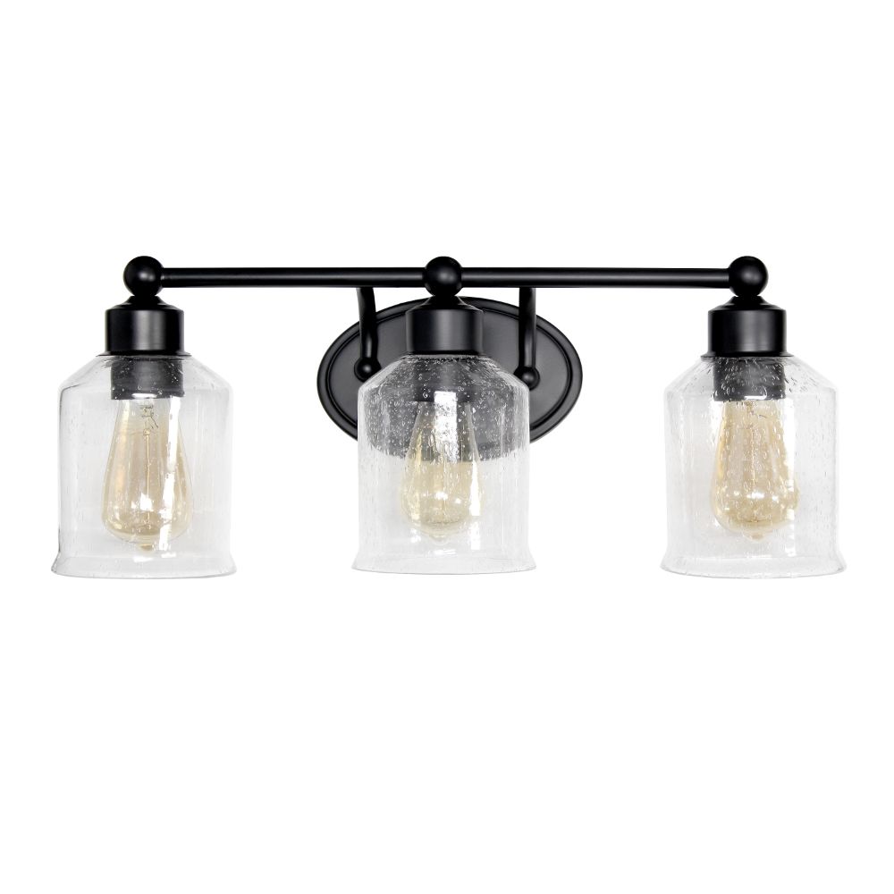 All The Rages LHV-1009-BK Lalia Home Studio Loft Modern Three Light Metal and Clear Seeded Glass Shade Vanity Uplight Downlight Wall Mounted Fixture with Matching Metal Accents 