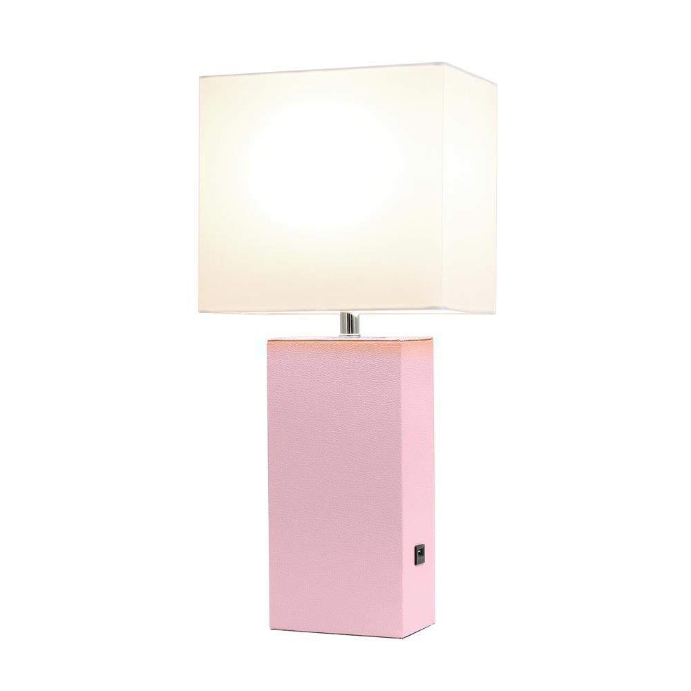 All The Rage LT1053-BPK Elegant Designs Modern Leather Table Lamp with USB and White Fabric Shade, Blush Pink