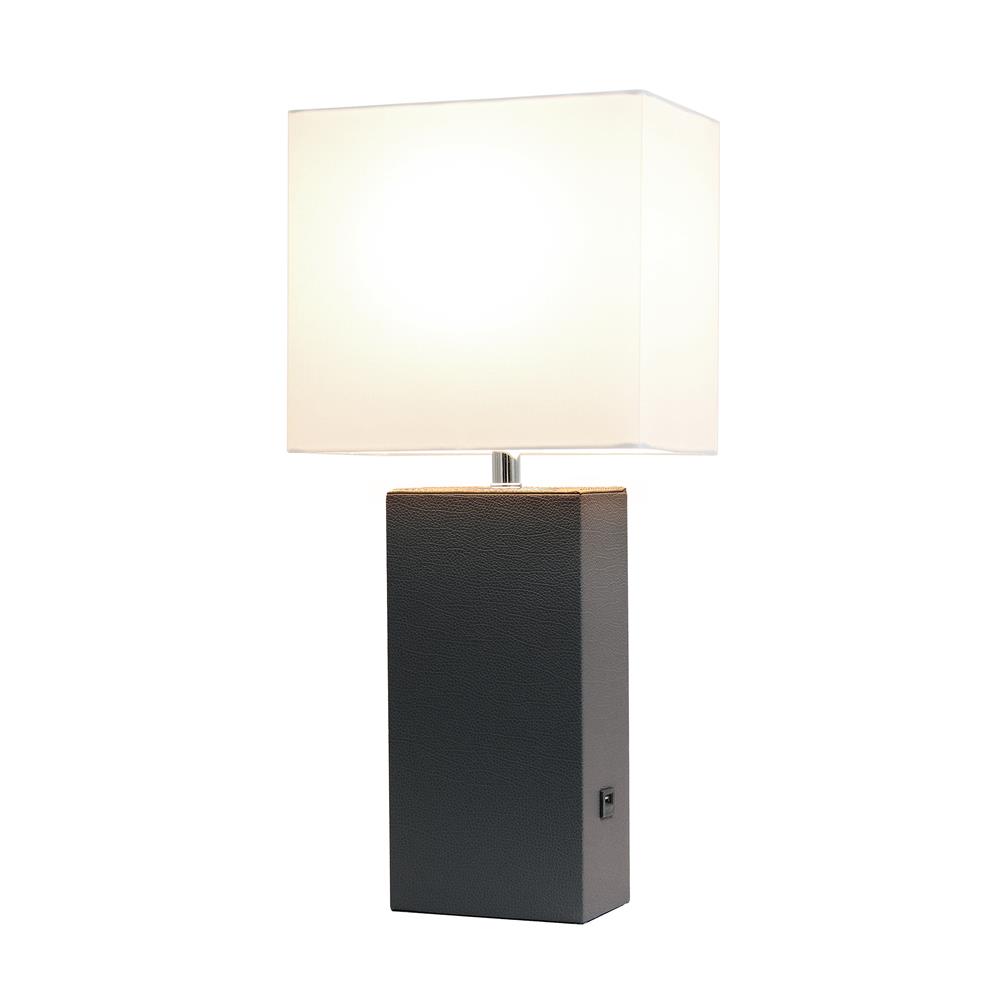 All The Rage LT1053-BWN Elegant Designs Modern Leather Table Lamp with USB and White Fabric Shade, Brown