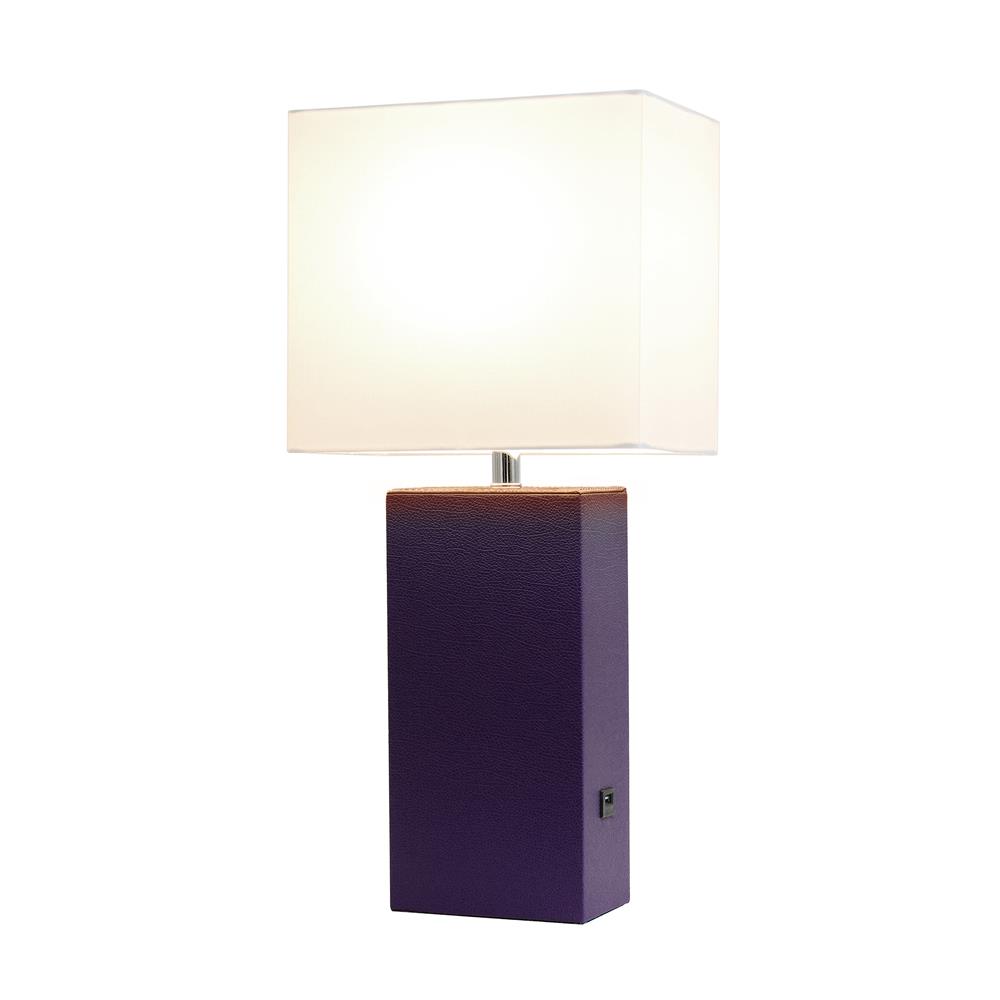 All The Rage LT1053-EGP Elegant Designs Modern Leather Table Lamp with USB and White Fabric Shade, Eggplant