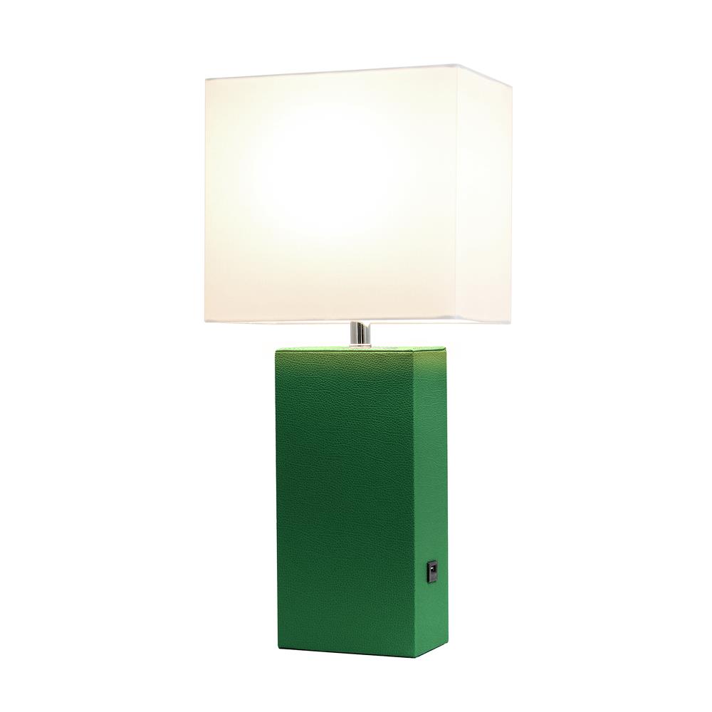 All The Rage LT1053-GRN Elegant Designs Modern Leather Table Lamp with USB and White Fabric Shade, Green