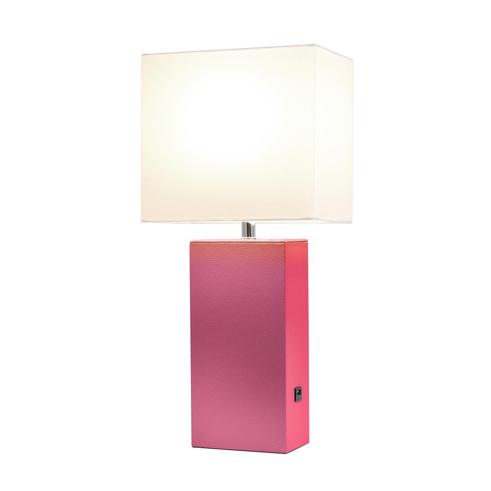 All The Rage LT1053-HPK Elegant Designs Modern Leather Table Lamp with USB and White Fabric Shade, Hot Pink