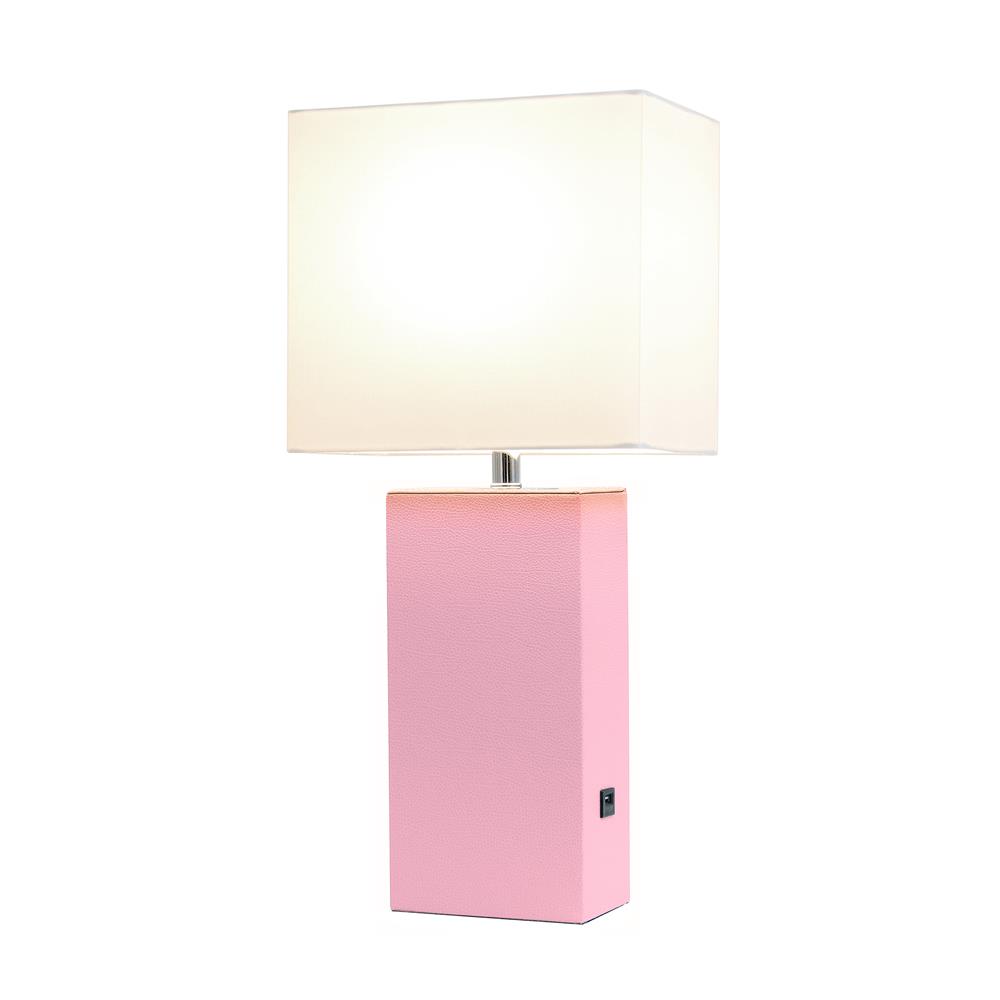 All The Rage LT1053-PNK Elegant Designs Modern Leather Table Lamp with USB and White Fabric Shade, Pink