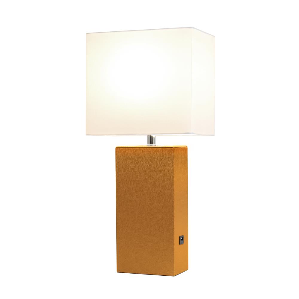 All The Rage LT1053-TAN Elegant Designs Modern Leather Table Lamp with USB and White Fabric Shade, Tan