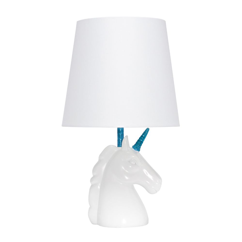 All The Rages LT1078-BLU Simple Designs Sparkling Blue and White Unicorn Table Lamp in White / Blue Glitter