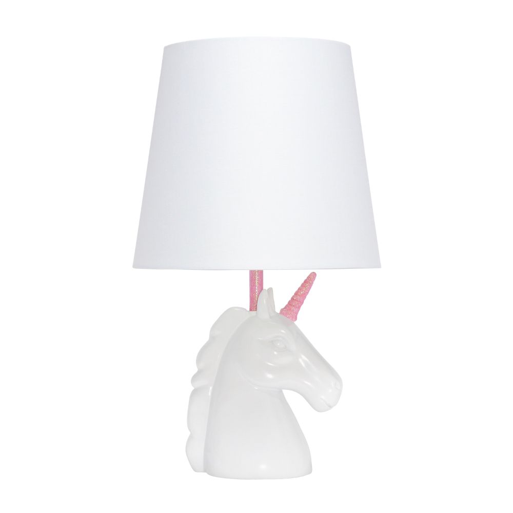 All The Rages LT1078-PNK Simple Designs Sparkling Pink and White Unicorn Table Lamp in White / Pink Glitter
