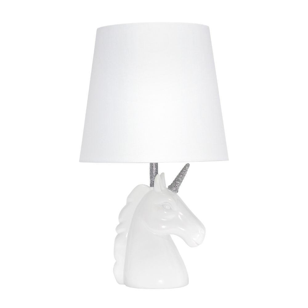 All The Rages LT1078-SLV Simple Designs Sparkling Silver and White Unicorn Table Lamp in White / Silver Glitter