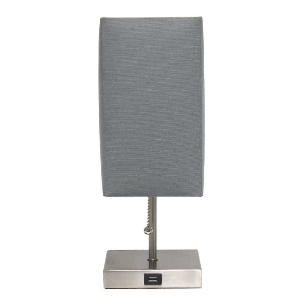 All The Rages LT1087-GRY Simple Designs Petite Stick Lamp with USB Charging Port and Fabric Shade in Gray / Brushed Nickel Base 